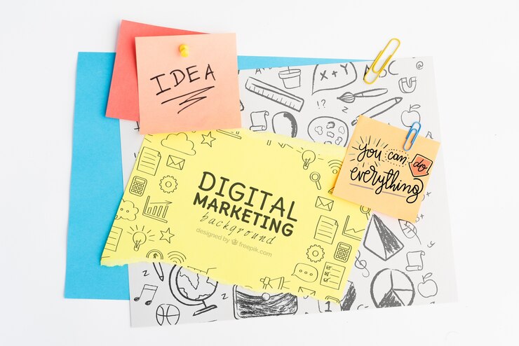 PSD cyfrowego marketingowy tło i pojęcie pomysł na post-it z doodles
