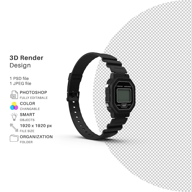PSD cyfrowy zegarek z czarnym paskiem i tekstowym projektem renderowania 3d.