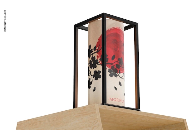 cylindrical japanese table lamp mockup, low angle view