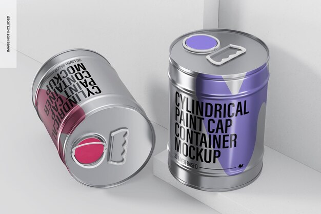 Cylindrical paint cap containers mockup, perspective