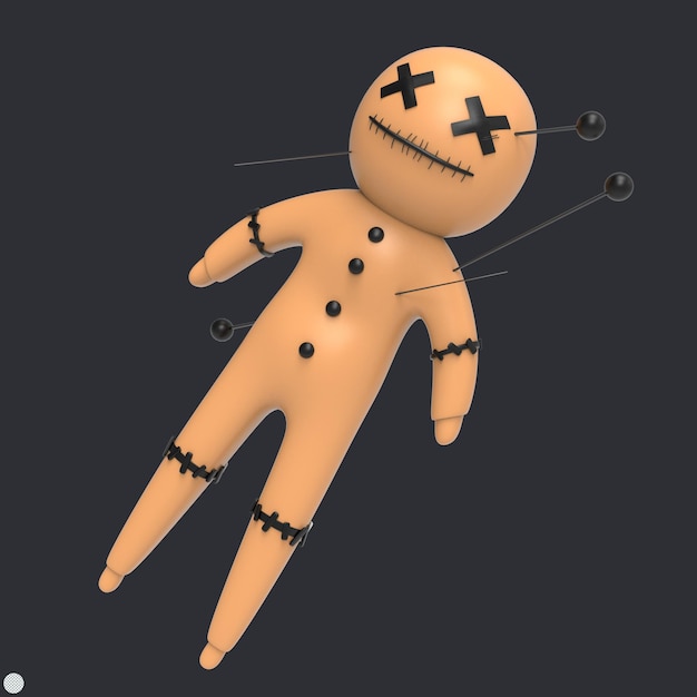 Czarna magia lalka voodoo ze szpilkami 3D renderowana ilustracja do dekoracji na Halloween