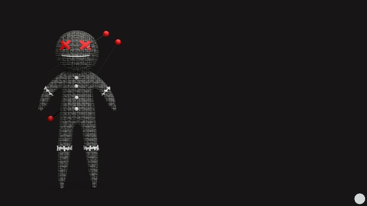 PSD czarna magia lalka voodoo ze szpilkami 3d renderowana ilustracja do dekoracji na halloween