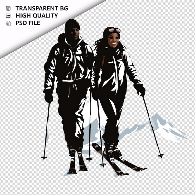 PSD czarna para na nartach płaska ikona styl biały tło izol
