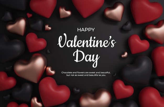 PSD czarne, czerwone i złote serca tło z pozdrowieniami sweet happy valentines day