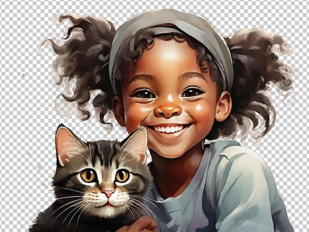 PSD czarne dziecko trzymające kota z dużym uśmiechem
