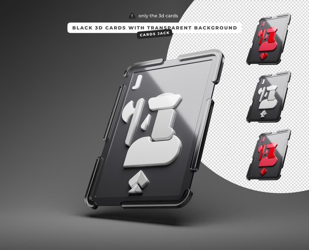 Czarne karty 3D z przezroczystym tłem Jack of hearts piky diamenty kluby karty lewo w górę