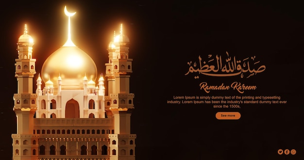 Czarne tło z oświetlonym meczetem i słowami koncepcja ramadan renderowania 3d