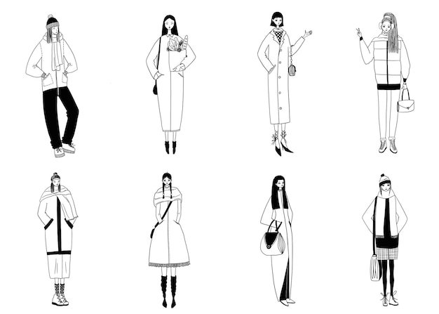 Czarno-biała ilustracja moda damska z dziewczętami mody noszącymi zimowe płaszcze