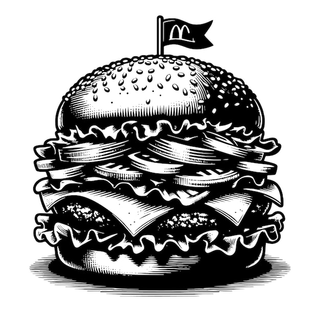 PSD czarno-biała ilustracja smacznego grillowanego cheeseburgera