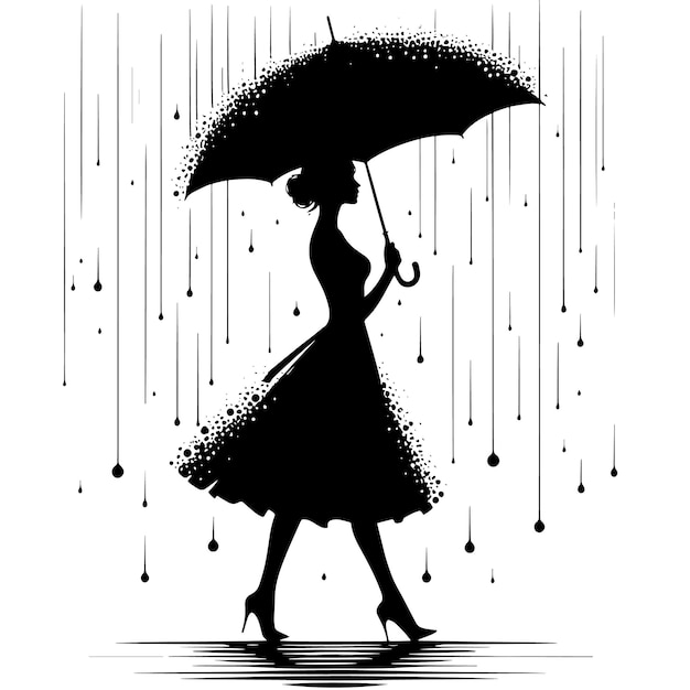 PSD czarno-biała sylwetka kobiety w sukience idącej pod parasolem w deszczu