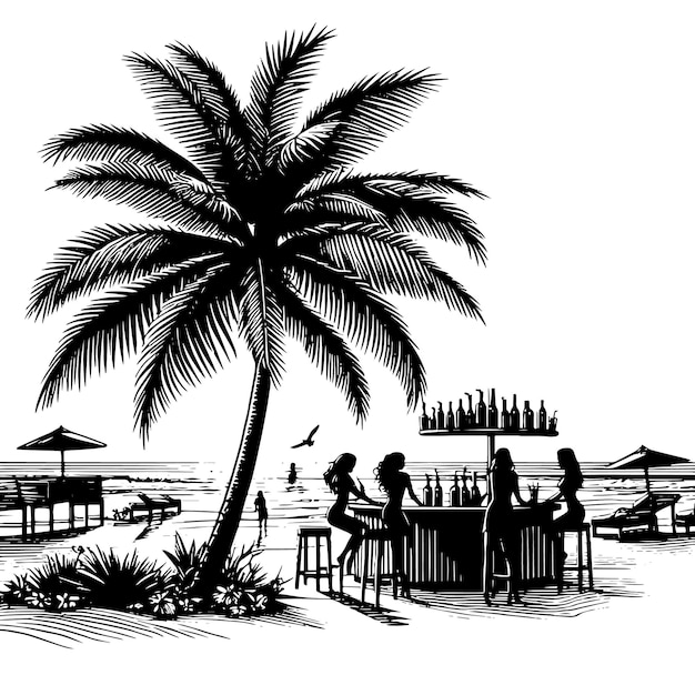 PSD czarno-biała sylwetka tropikalnej imprezy na plaży z dziewczynami, napojami i słońcem.