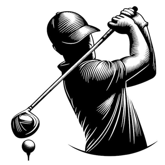 PSD czarno-biała sylwetka zawodnika golfa grającego w golfa