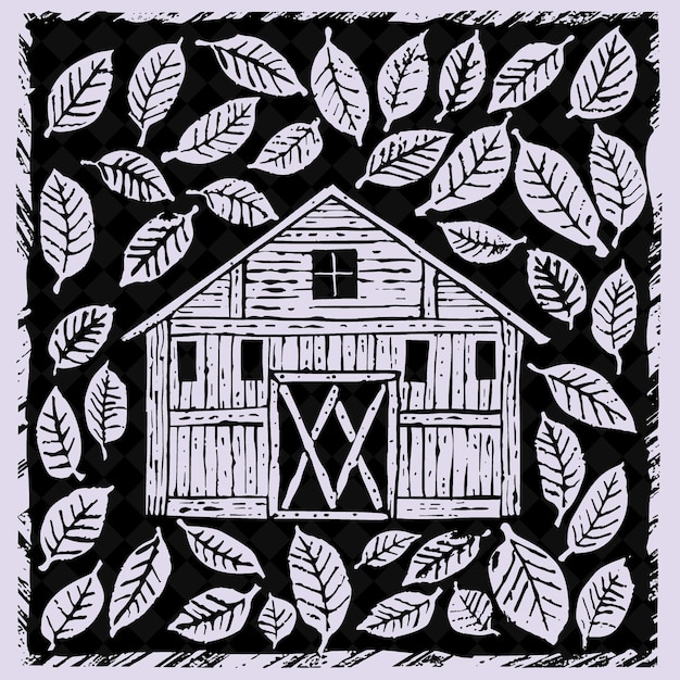 PSD czarno-biały rysunek stodoły z liśćmi i stodołą na tle