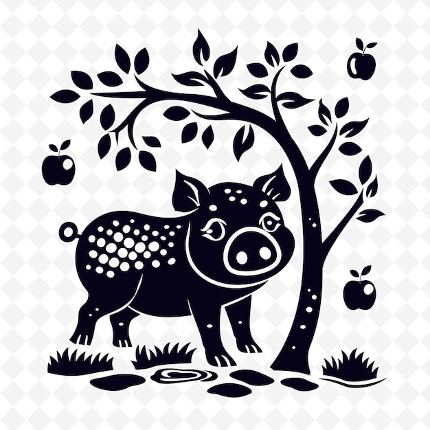 PSD czarno-biały rysunek świni pod drzewem z jabłkami i jabłkami