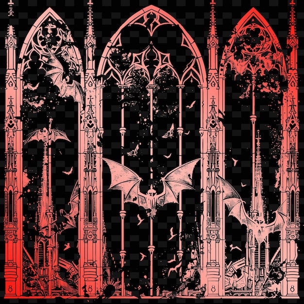 PSD czarno-czerwone zdjęcie gotyckiego okna z smokiem i słowami 