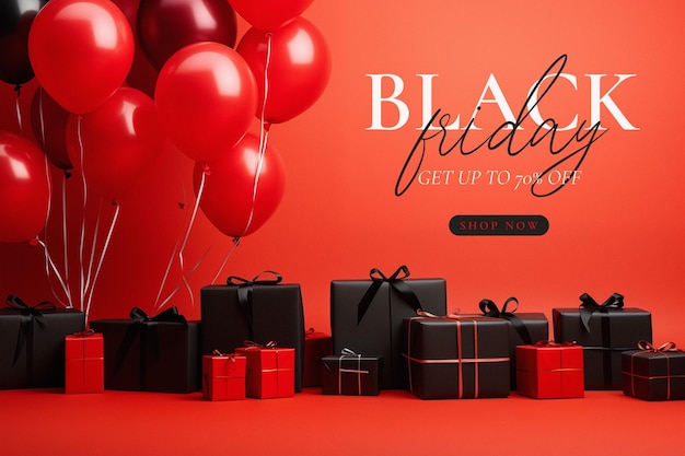 PSD czarno-czerwony szablon baneru czarnego piątku z prezentami i balonami