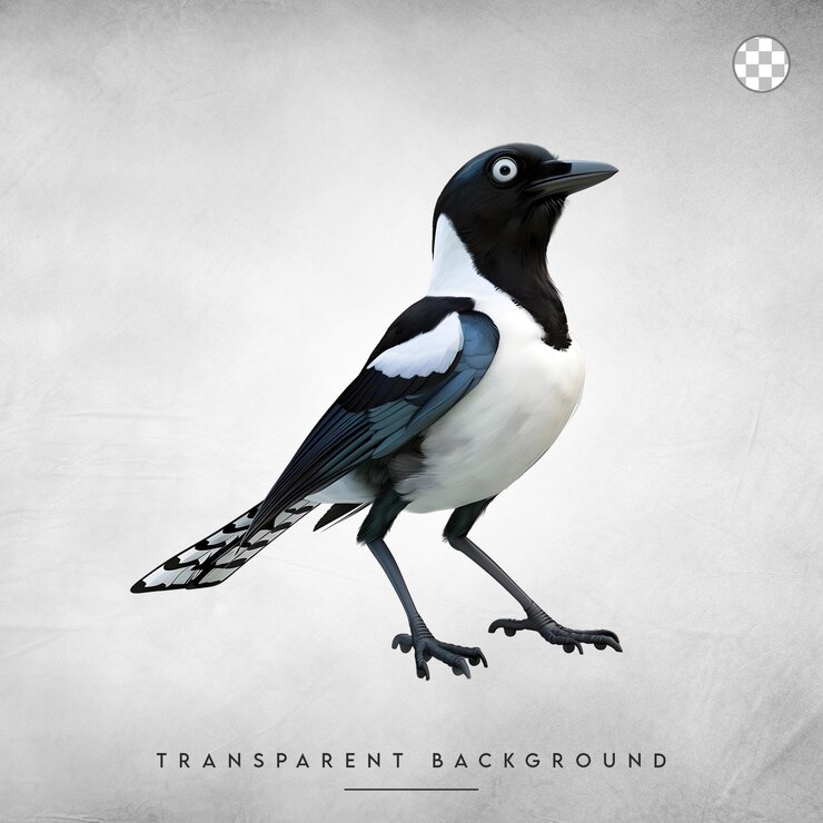 PSD czarny gardłowy magpie jay z uderzającym czarnym i białym piórem odizolowanym na przezroczystym tle