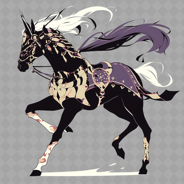 PSD czarny koń z fioletową grzywą i białą grzywą
