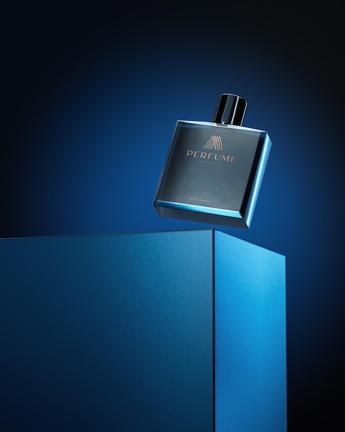 PSD czarny kwadrat perfumy pływające logo produktu makieta na czarnym niebieskim jasnym tle renderowania 3d