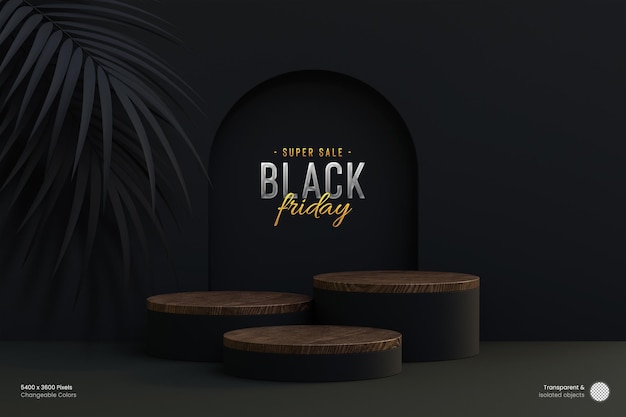 Czarny Piątek 3d Drewniana Scena Podium Do Wyświetlania Produktów Z Czarnymi Liśćmi Palmowymi Na Ciemnym Tle