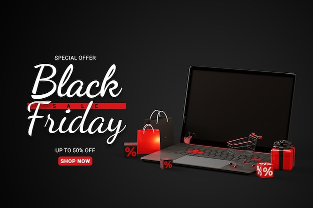 PSD czarny piątek wyprzedaż szablon transparentu z 3d czerwonym laptopem i pudełkiem na prezent