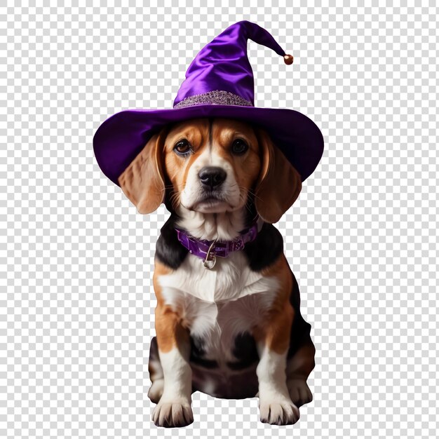 PSD czarowniczy, uroczy beagle ubrany na halloween na przezroczystym tle