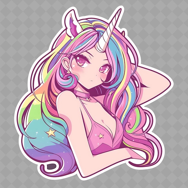 PSD czarująca i magiczna anime jednorożec dziewczyna z rogiem i ra png creative cute sticker collection