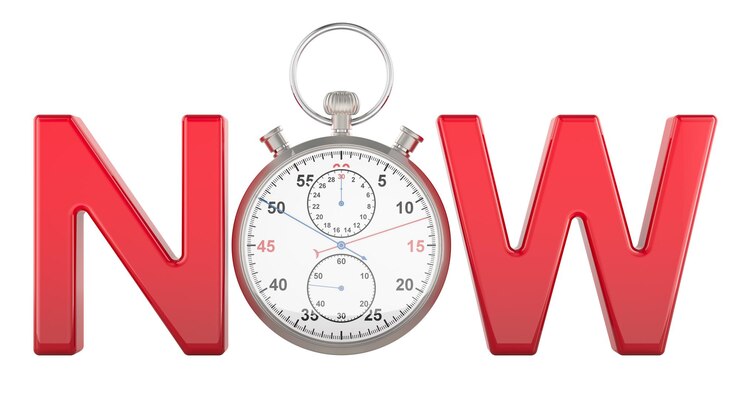 PSD czas jest teraz koncepcja z stopwatch 3d rendering izolowany na przezroczystym tle