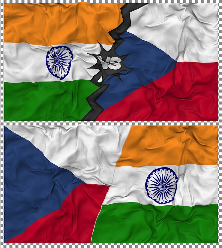 PSD czech republic vs india half combined flag cloth bump texture 3d rendering