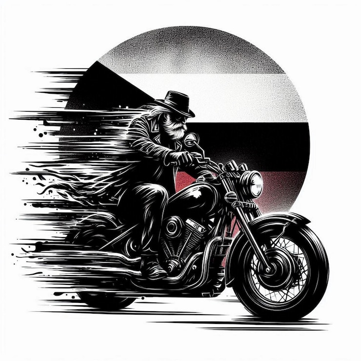 PSD czechia czech republic round flag brush art old man riding on front motorcycle