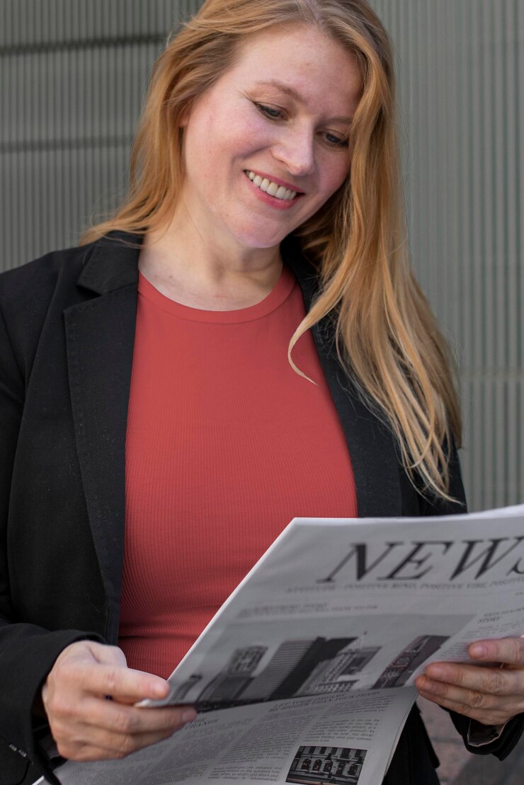 PSD czerwona koszulka, makietka odzieży, psd plus size, bizneswoman czytająca gazetę.