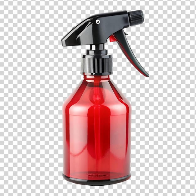 PSD czerwona przezroczysta plastikowa butelka rozpylająca izolowana na przezroczystym tle