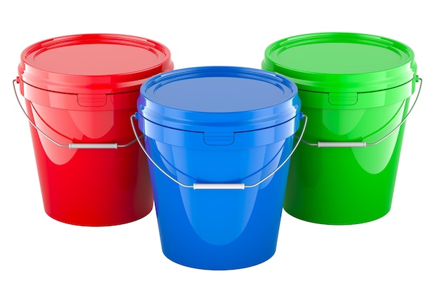 Czerwone i niebieskie plastikowe wiadra farbowe 3D wyizolowane na przezroczystym tle
