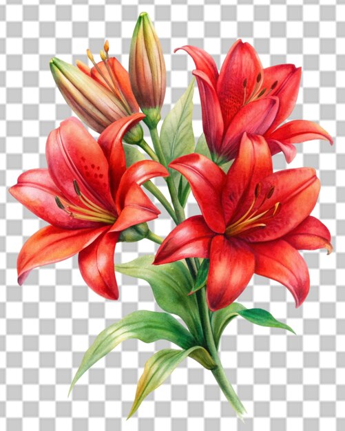 PSD czerwone ikony kwiatów lilii ustawione na przezroczystym tle izolowane
