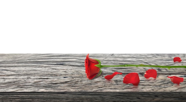 PSD czerwone róże i płatki róży na drewnianym stole na przezroczystym tle