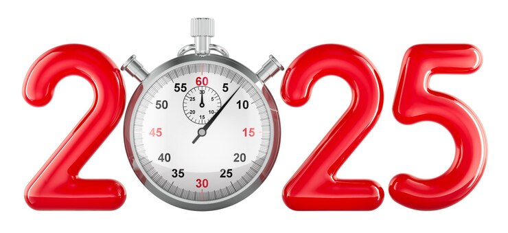 PSD czerwony 2025 z renderowaniem stopwatch 3d wyizolowanym na przezroczystym tle