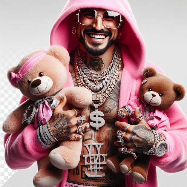 PSD członek gangu cholo gangster z różowym pluszowym niedźwiedziem pozującym jako king pin face png