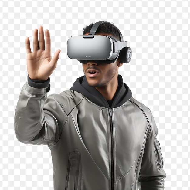 Człowiek Noszący Headset Z Wirtualną Rzeczywistością Ze Słowami Wirtualnymi Na Ekranie