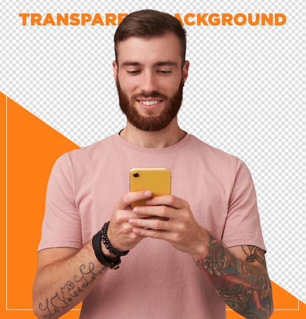 Człowiek z brodą używający telefonu komórkowego.