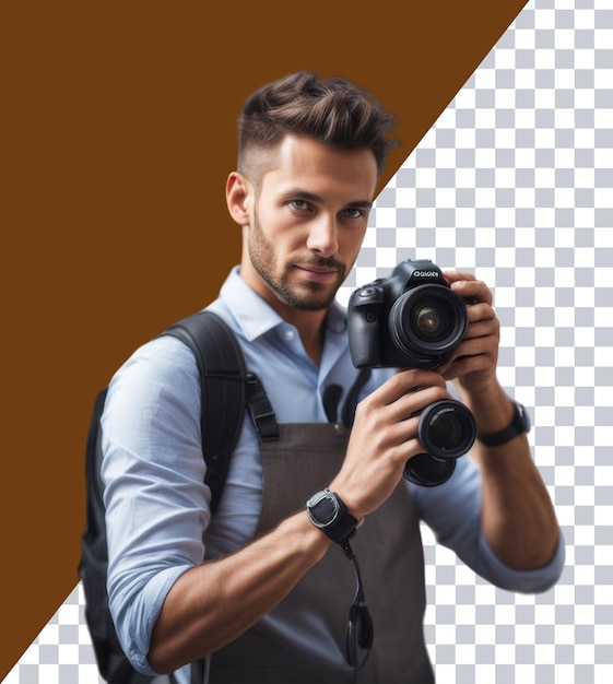 PSD człowiek z kamerą i zdjęcie człowieka trzymającego kamerę