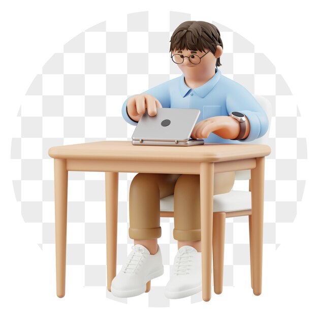 Człowiek z kreskówek 3D pracuje na laptopie przy biurku