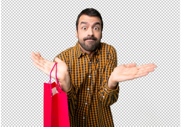 PSD człowiek z torby na zakupy mając wątpliwości podczas podnoszenia rąk i ramion