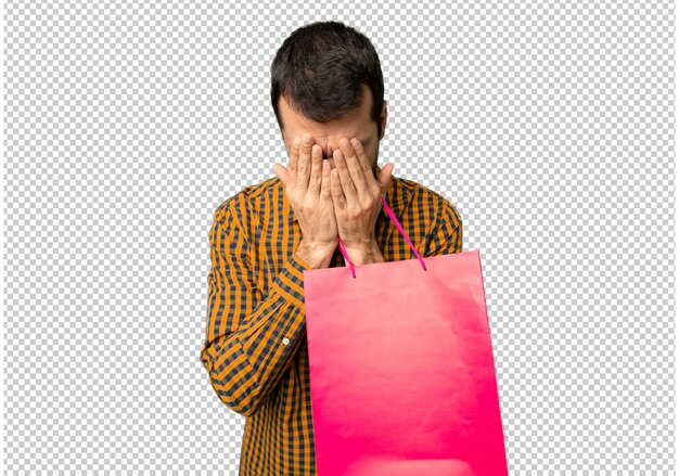 PSD człowiek z torby na zakupy z wyrazem zmęczony i chory
