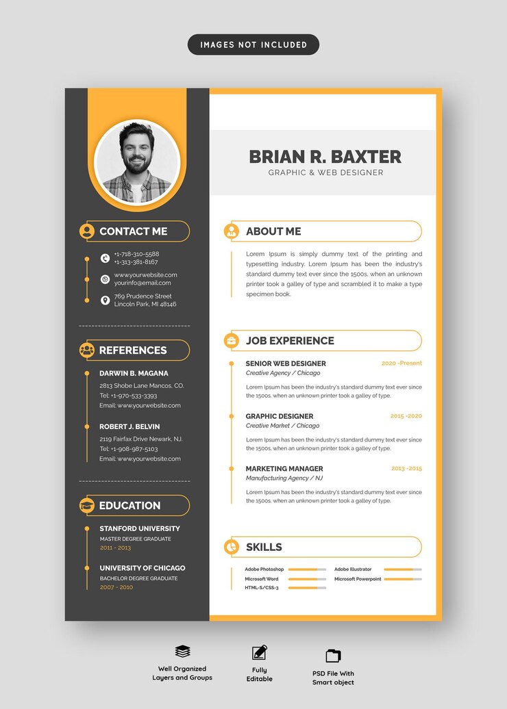 PSD czyste i nowoczesne portfolio cv lub szablon cv