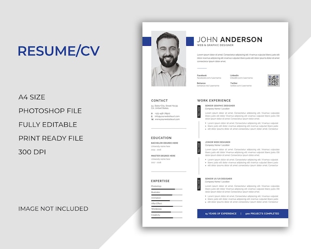 PSD czysty nowoczesny szablon cv lub cv