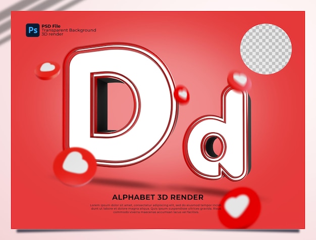 D alphabet 3d render colore rosso con elementi