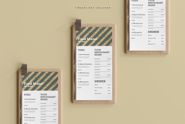 D menu di cibo su una tavola di legno mockup