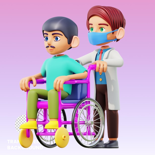 d illustratie mannelijke arts Patiënt in een rolstoel dragen