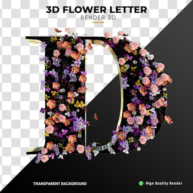 PSD d letter 3d bloemen en bladeren van hoge kwaliteit realistisch renderen glanzende zwarte textuur