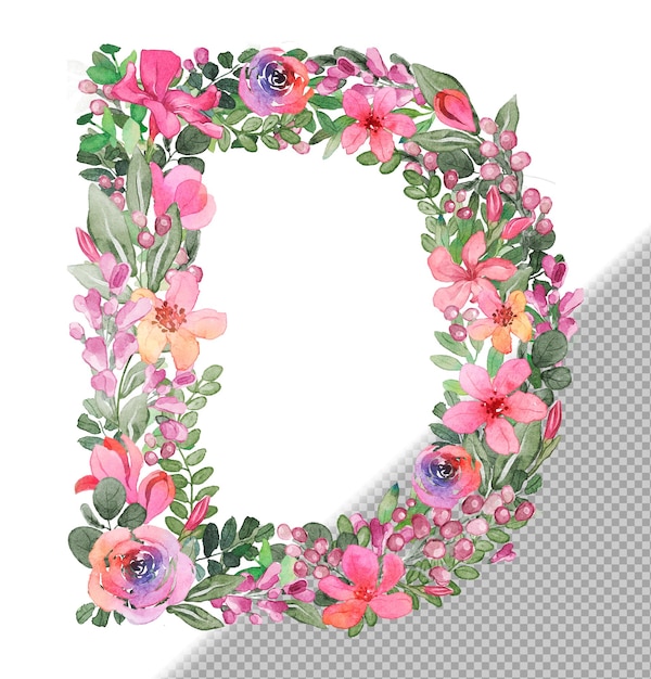 PSD d letter in uppercase made of soft handdrawn flowers and leaves